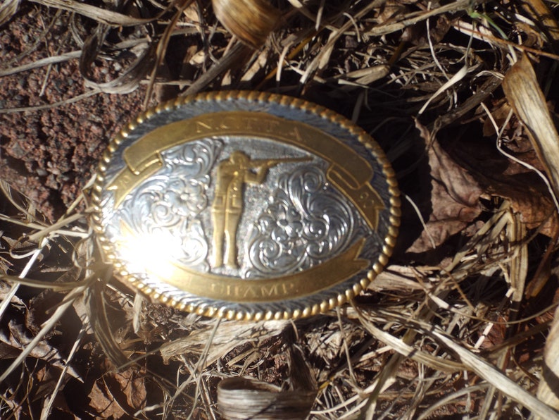 Classic Vintage 1990 CRUMRINE N. C. T. T. A. Skeet Shooting S.L. Champion Trophy Belt Buckle image 2