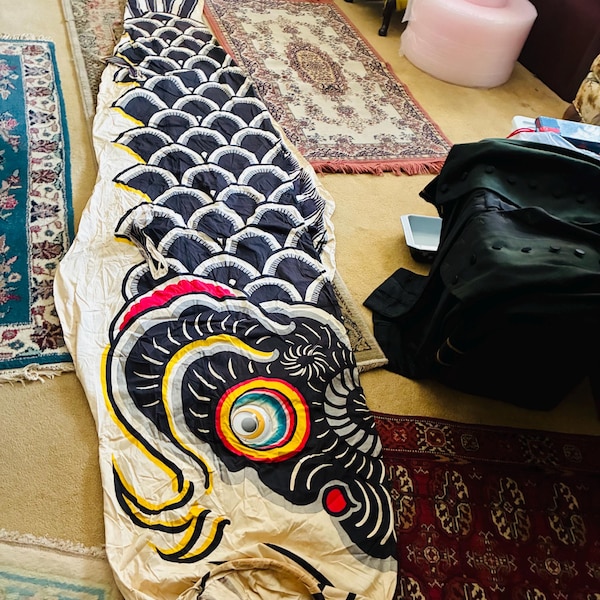 1960-1970 Rare Fancy Japanese Koinobori Koi/Carp Cotton 145” Long 8” Wide Windsock With Moving Eye.Old New Stock- Exceptional