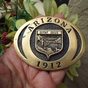 Classic Vintage ARIZONA 1912 Statehood State Seal DITAT DEUS Solid Brass Belt Buckle
