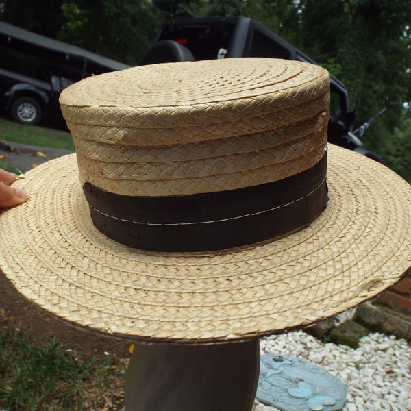 Antique 1910 Boater Skimmer Men's Straw Hat Disney Hats of New York Buehler Bingham Ogden