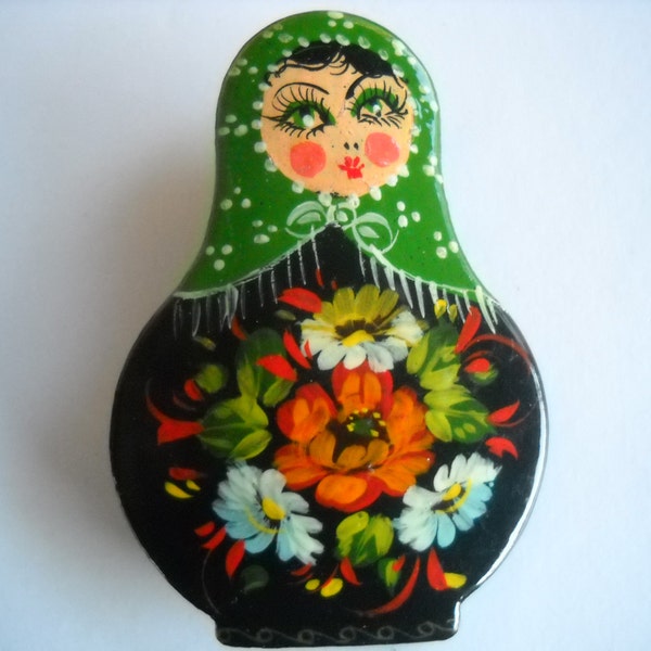 Russian Doll Lacquer Brooch Floral Balaika Hand Painted on Paper Mache and Signed  on Back by Artist