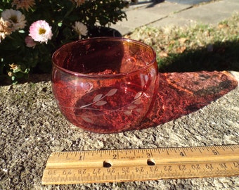 Gorgeous Cranberry Etched Glass Vanity Jar
