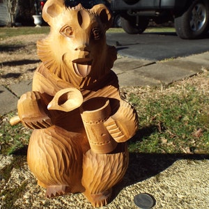 Classic Vintage Sweet Russian Carved Wood Bear With His Honey Jar Original Russian Tag on Bottom