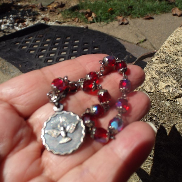 Beautiful Catholic Religious Italian  Bird Charm w Red Iridescent Swaroviski Crystals Hand Rosary