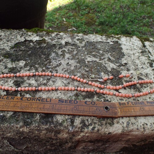 Vintage Genuine Natural Pink Angel order Skin Coral Bead With Sterling 925 Moon and Stars Necklace with Coral Pierced Earrings