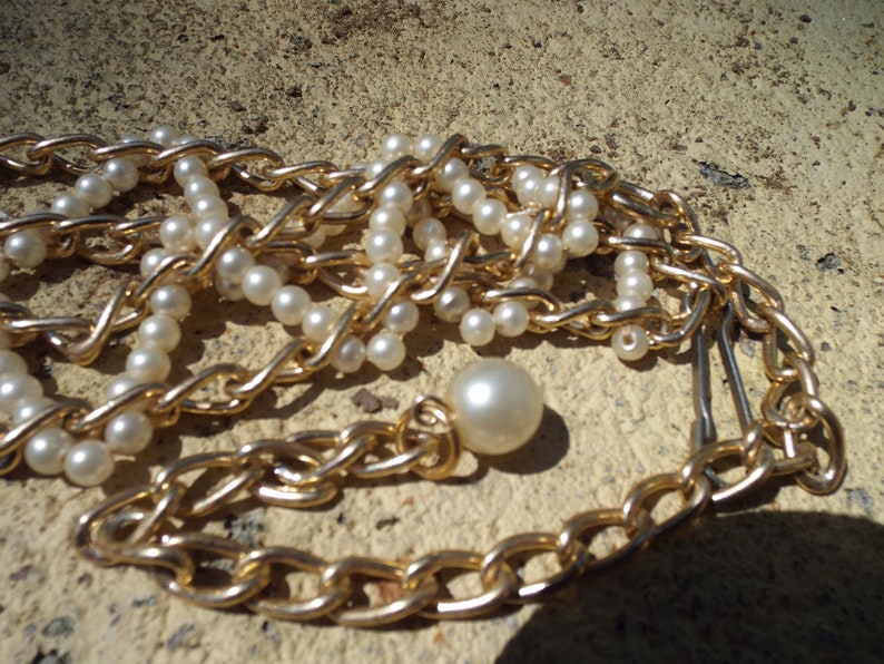 1980/'s Gold Tone Chain Link and Faux Pearls Women/'s Belt-27