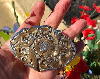 Vintage Crumrine Floral Belt Buckle, Two-toned Silverplate  display picture 1