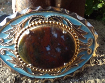 Gorgeous Unique Intricate Western Belt Buckle with Mounted Brown with blue Stone