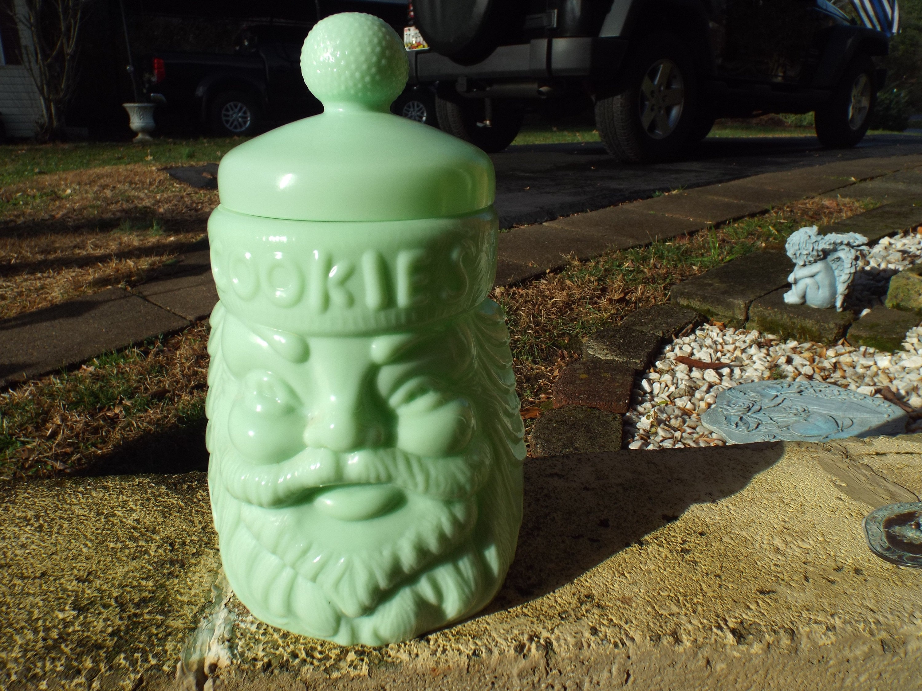 Rare Jadeite Green Glass Santa Claus Face Cookie Jar Christmas