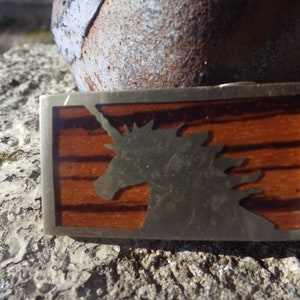 Classic Vintage Solid Bronze Unicorn With Wood Inlay Belt Buckle-Moonscape Buckles image 1