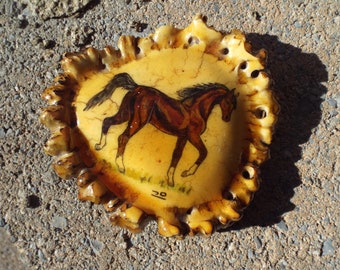 Vintage Fabulous Hand Made Hand Painted Antler  Belt Buckle Horse Scene