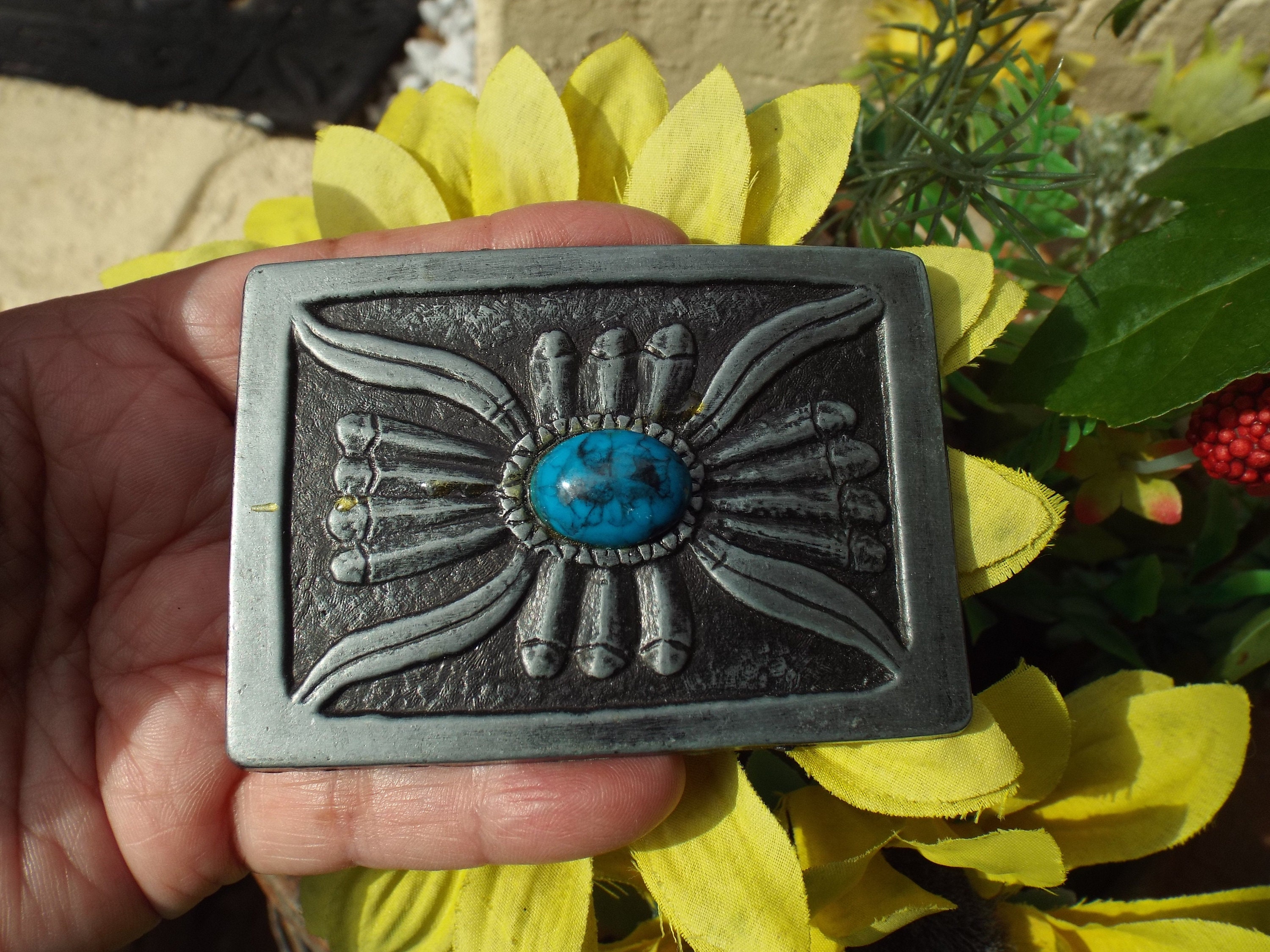 Vintage Southwestern Boho Tribal Design Turquoise Stone Metal Belt Buckle Item #1001E- Heavy Vintage Hopi Turquoise Nuggets Sterling  main image 3