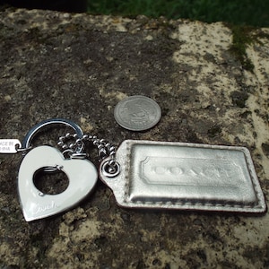 2 / Coach Bag Key Chain / 2.5&quot; Metallic Gold Leather Tag and White Heart Coach Bag Charm