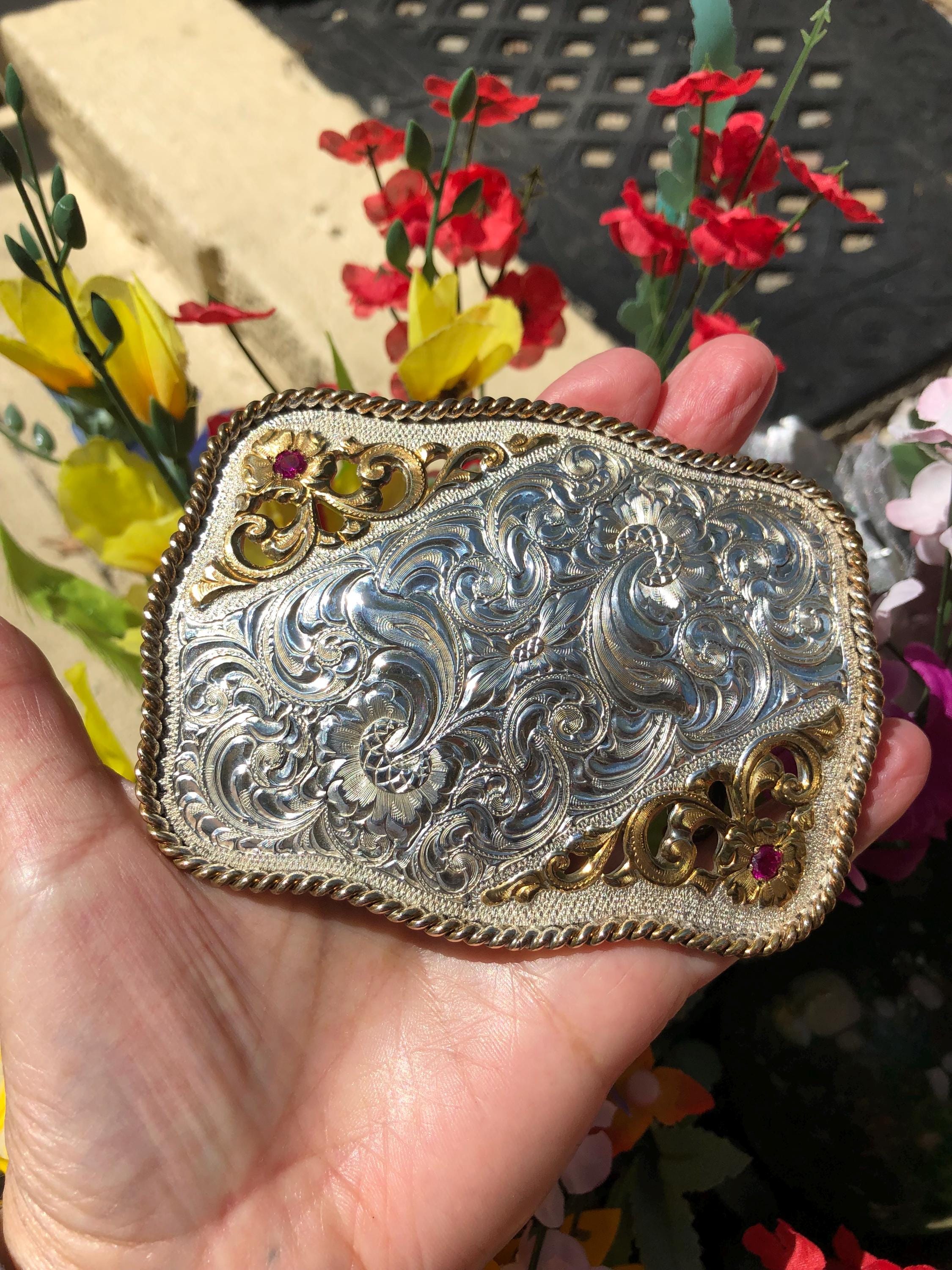 Crumrine Engraved Floral Silver Plate Bronze Belt Buckle Steerhide Hand Painted Brandes 1805 Sterling & Gold Trophy Buckle – Clint Orms  main image 3