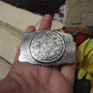 Vintage 75.3g Mexican Sterling Silver Mosaic Aztec Calendar Belt Buckle 925 Vintage Sterling Silver Mexico Mexican Aztec Calendar and  main image 2