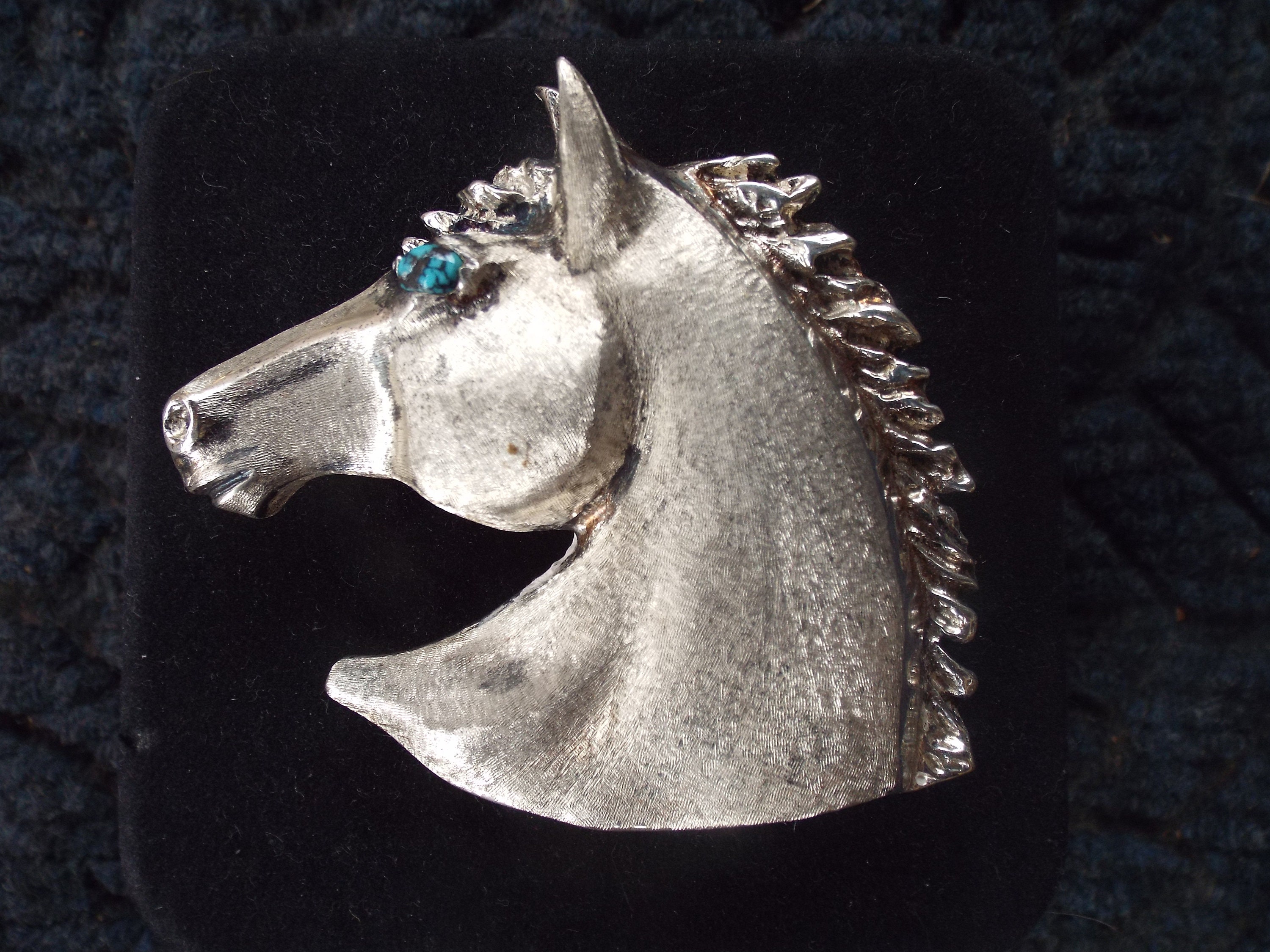 Vintage Sterling Silver Horse Head Belt Buckle Turquoise Eye  display picture 1