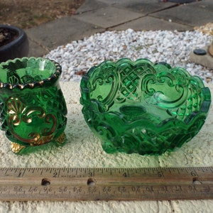 2 Antique EAPG Glass Emerald Green Riverside Glass Croesus Pattern Bowl Toothpick Holder