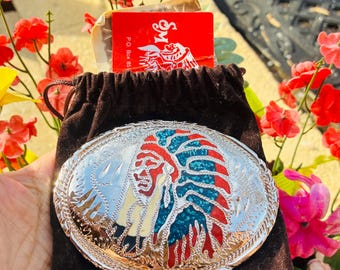 Classic Vintage Western Turquoise with Enamel Inlays Mative American Chief in Headress Belt Buckle with Pouch - Old New Stock