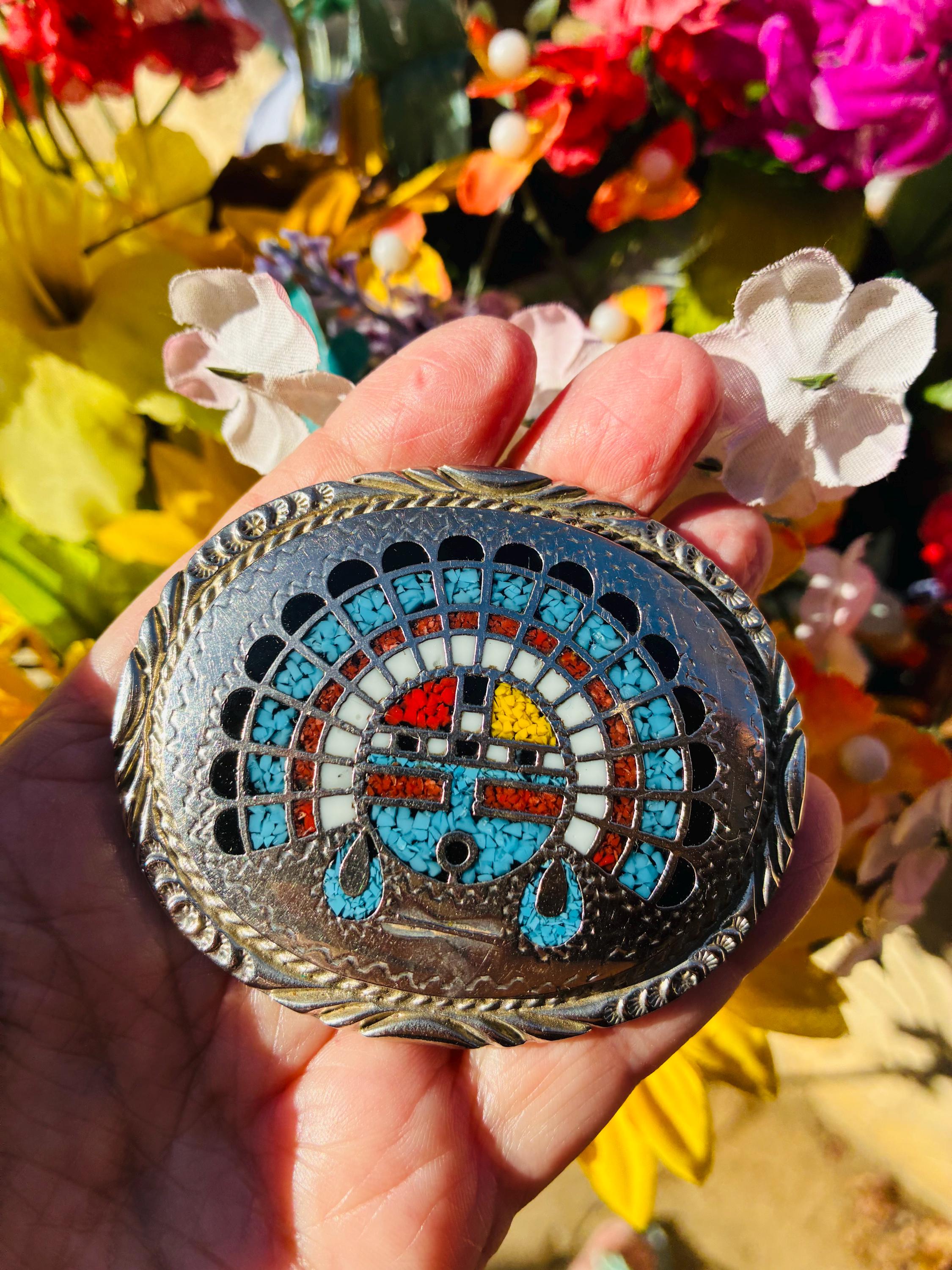 Rare Zuni Sterling Silver Inlay Belt – Turquoise, Onyx, Coral & Mother of Pearl​ Native American Authentic Vintage Zuni Virginia Quam  main image 4