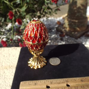 Boxed Vintage Enamel With Rhinestones  Egg Hinged Trinket Box With Footed Stand