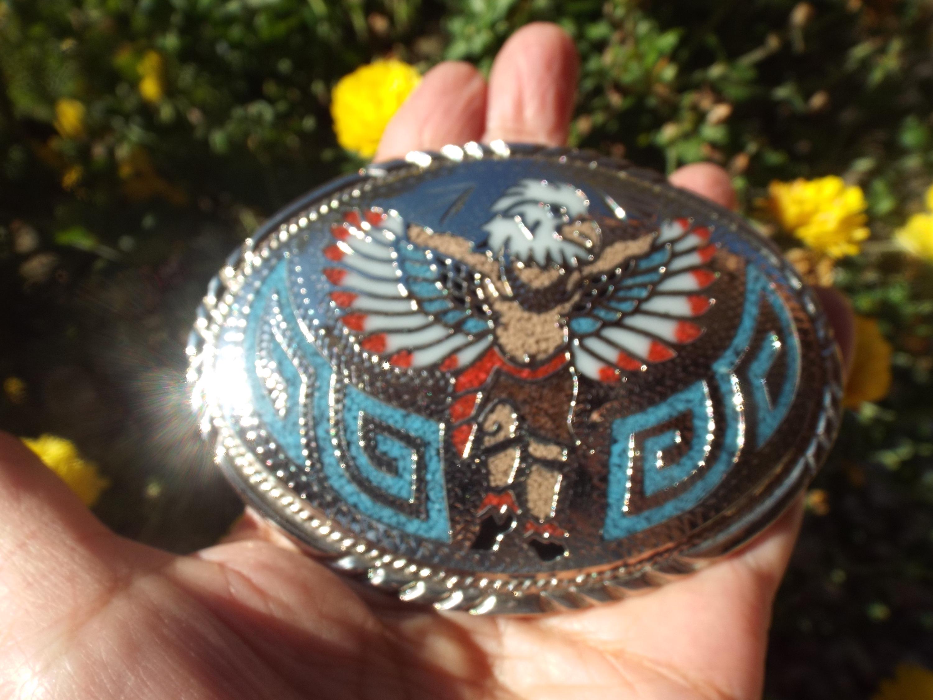 Belt Buckle Eagle Dancer Indian Native Southwestern with Turquoise SSI Inlay Fun Southwestern Eagle Dancer Native Indian with Turquoise Inlay  main image 2