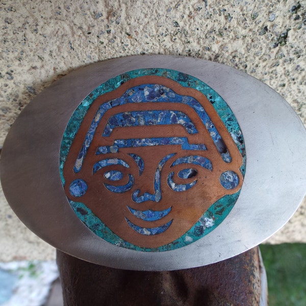 Vintage Taxco Mexico Aztec/Mayan Face Stone Inlay Belt Buckle