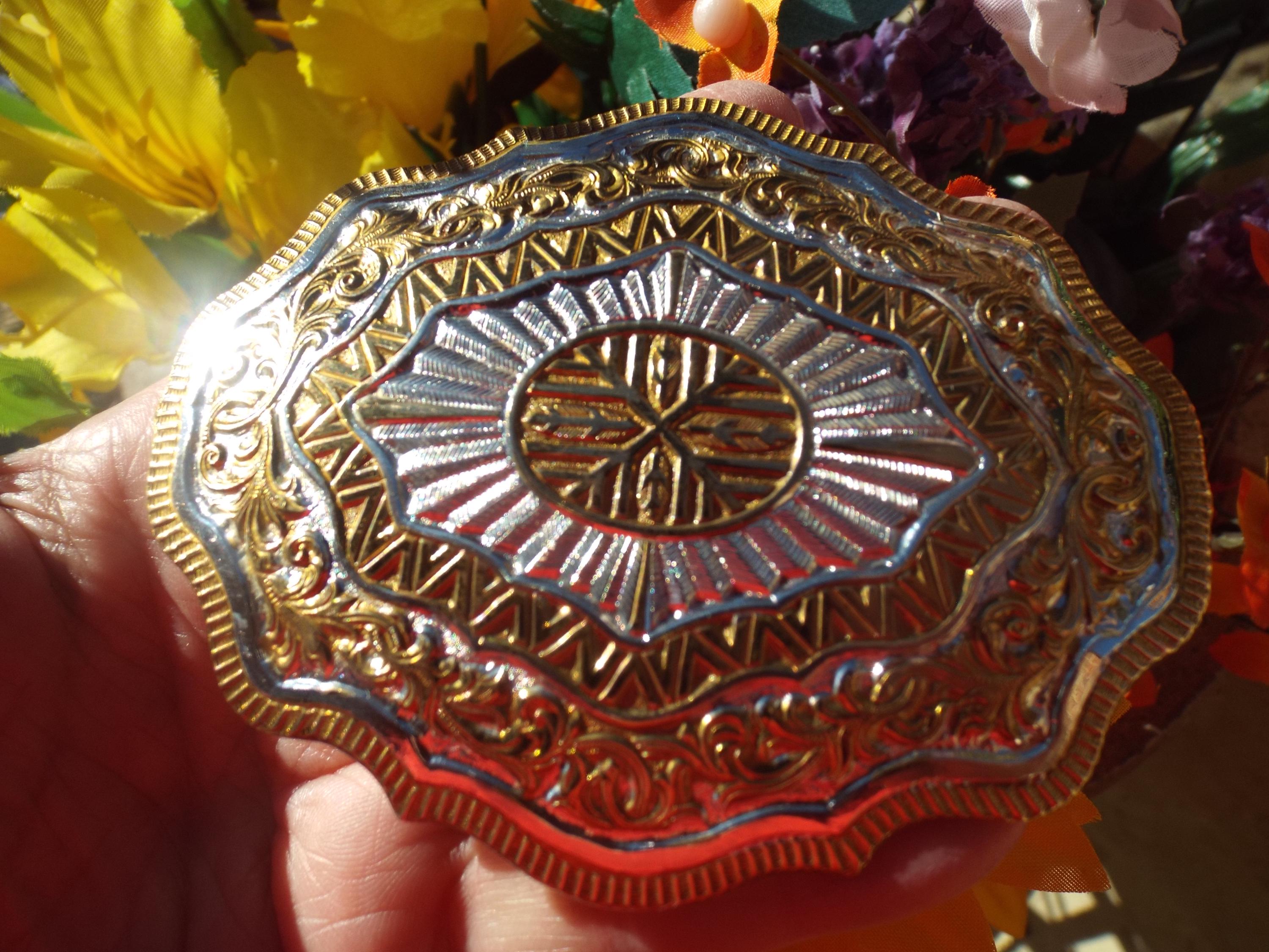 Crumrine Gold Tone Ruby Buckle Jewel Floral Heavy Silver Plate On Bronze USA VTG Classic Vintage Crumrine Jewelers and Silversmiths Native  main image 4