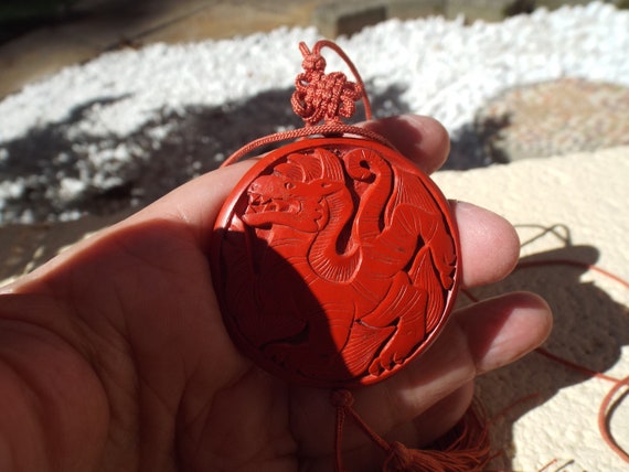 Vintage Carved Chinese Cinnabar Dragon   Necklace… - image 5