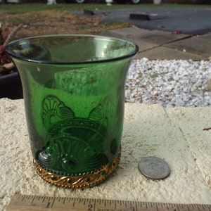 Antique  EAPG Glass Lacy Medallion Emerald Green Souvenir  Tumbler ALBORN MENNESOTA