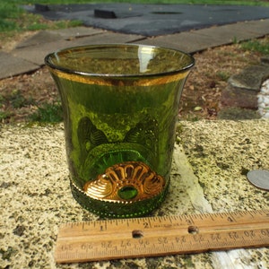 1908  EAPG Glass- Antique Lacy Medallion Emerald Green Souvenir  Tumbler DORAH 1908  -Gold Gilt Decorated-Gorgeous