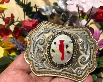 Classic Vintage Mother Of Pearl with Cardinal Bird Western Belt Buckle-Old New Stock