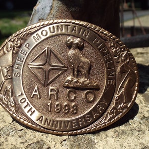 Classic Vintage 1993 Sheep Mountain Pipeline 10TH Anniversary ARCO Badge Belt Buckle image 7