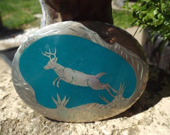 Wonderful Classic Vintage Hand Made Engraved  Elk- Deer with blue Enamel Belt Buckle -Hand made By US Brokers Denver Colorado