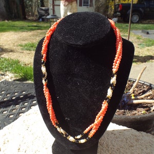 Vintage Genuine Natural Pink Twisted 3 Strand Angel Skin Coral Bead/Real Pearl/Black Beads  Necklace  19&quot;