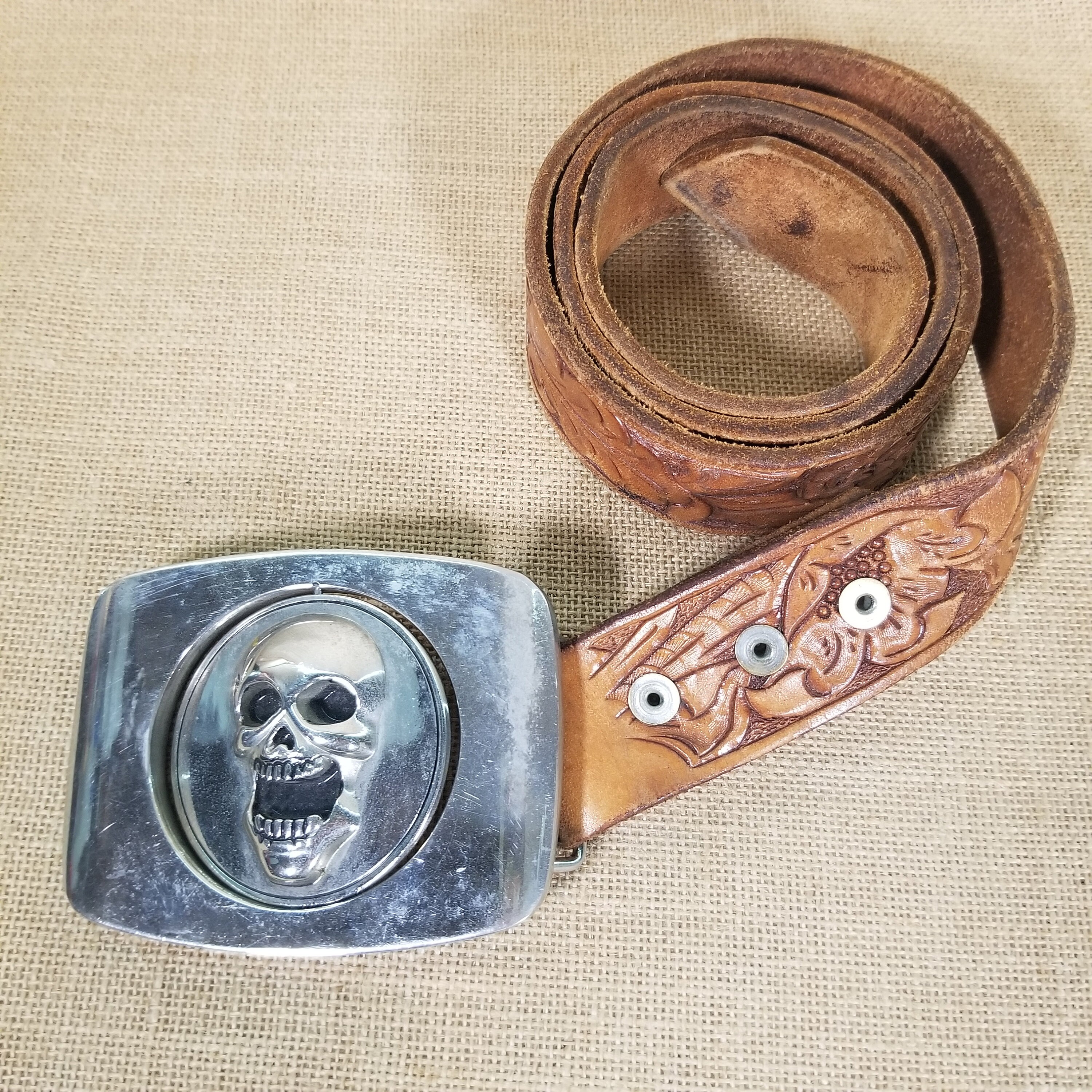 Double Sided Metal Skull Buckle Leather Belt Studded Leather Belt. Distressed. Skull Design. 2” Wide  main image 4