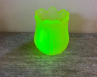 Vintage Uranium Glass Tulip Vase | Glowing Green Vaseline Glass | Floral Petal Rim | UV Reactive Decor