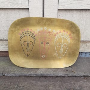 Vintage Mid Century Brass Tray Etched With Faces