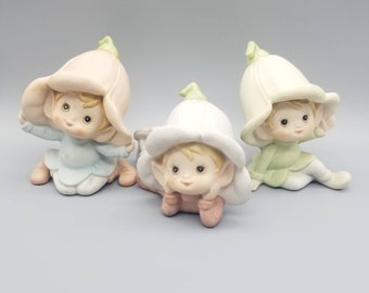 Homco Pixie Fairy Garden Elves Big Hat And Freckles -  Set of 3