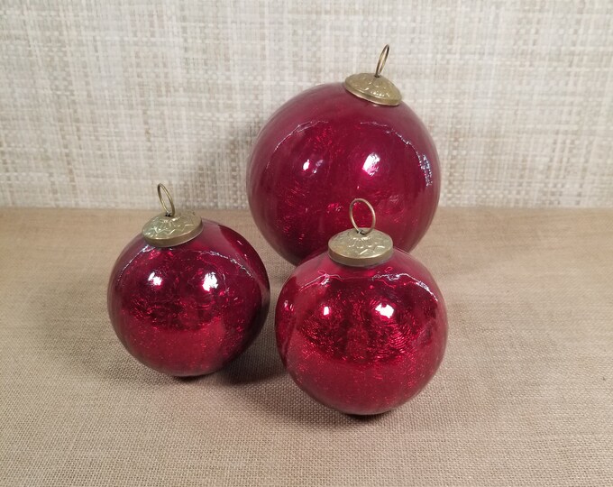 Red Kugel Mercury Crackle Glass Ornaments Set of 3 Etsy