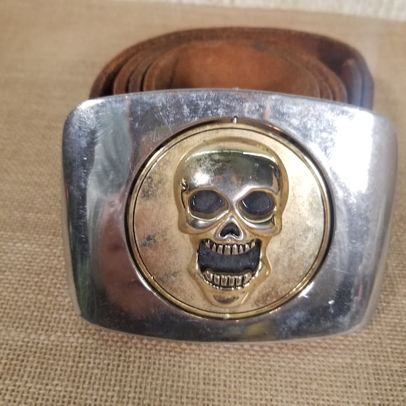 Double Sided Metal Skull Buckle Leather Belt - Etsy display picture 1