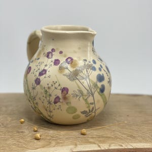 Handmade Ceramic Pitcher with Botanical Print, Wildflower Pottery Jug, Floral Farmhouse Decor, Unique Handmade Vase, 1L, 33 OZ