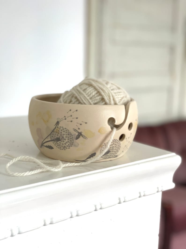 Pottery yarn bowl, pottery knitting bowl, ceramic yarn bowl, flower yarn bowl image 2