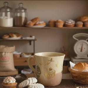 May include: A cream-colored ceramic mug featuring gold-toned illustrations of cupcakes and butterflies. The mug sits on a dark wooden surface alongside a single cupcake with white frosting and sprinkles, and two white meringue cookies.