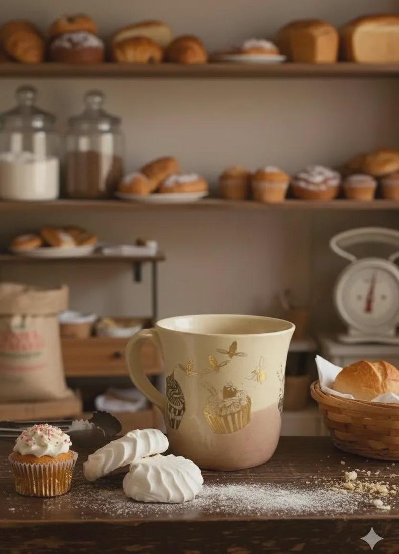 May include: A cream-colored ceramic mug featuring gold-toned illustrations of cupcakes and butterflies. The mug sits on a dark wooden surface alongside a single cupcake with white frosting and sprinkles, and two white meringue cookies.