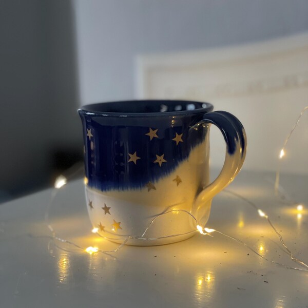 Golden star blue Ceramic mug, handmade ceramic mug, pottery mug, handpainted mug, star mug