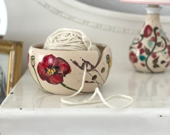 Ceramic Yarn Bowl, Ceramic Knitting Bowl, poppies ceramic, gift for sister