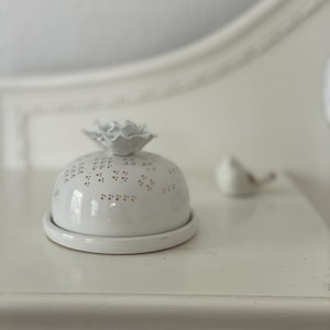 White butter dish golden dots white rose lid