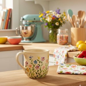 Caneca pequena com flores de várias cores, caneca florida, caneca floral multicolorida