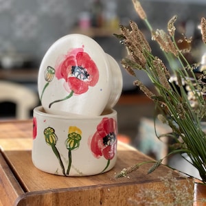 French butter crock, French butter keeper, pottery butter keeper, poppies