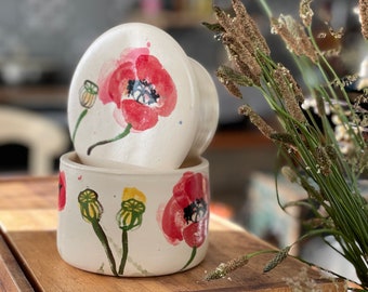 French butter crock, French butter keeper, pottery butter keeper, poppies